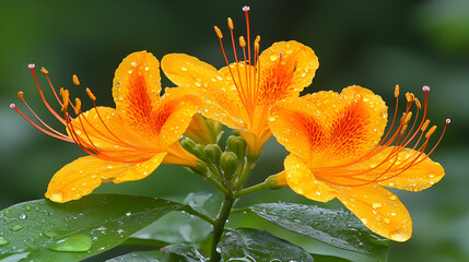 Wall Mural - Bright yellow flowers with raindrops glistening on petals in a lush green setting during daytime