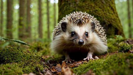 scared wild hedgehog backing away in the forest. summer animal wildlife watching footage for animali