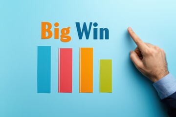 Poster - Hand pointing to colorful bar graph illustrating a big win concept on a blue background.