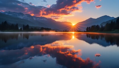 Wall Mural - serene sunrise reflecting on tranquil lake waters