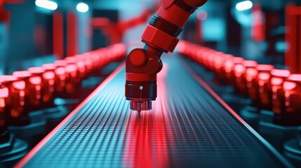 Poster - Industrial robotic arm working on a production line with red lighting.