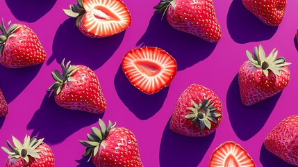 Wall Mural - Fresh, red strawberries arranged in a pattern against a vibrant purple background.