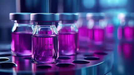 Poster - Vibrant vials with purple liquid, illuminated in a modern laboratory setting, showcasing scientific research.