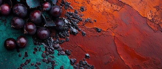 Sticker -  A collection of plums atop a green-red table, near a red-orange wall