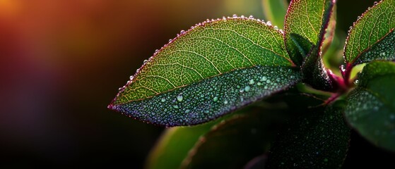 Sticker -  A macro shot of a wet green leaf with water droplets, backdrop of indistinct leafy texture