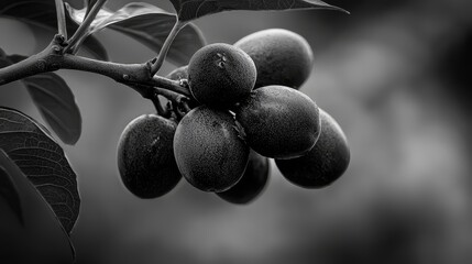 Poster -  A monochrome image of fruit dangling from a tree branch, adorned with leaves in the foreground