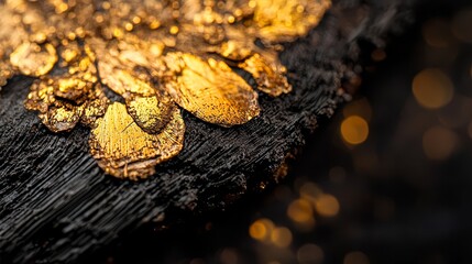 Poster -  A tight shot of a wooden surface, speckled with golden flecks, and adorned with droplets of water atop