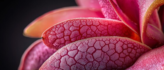 Wall Mural -  A tight shot of a pink flower with dew drops on its petals against a black background