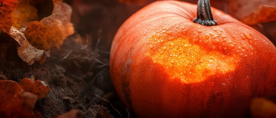 Sticker -  A tight shot of a pumpkin, adorned with numerous water droplets atop and bottom