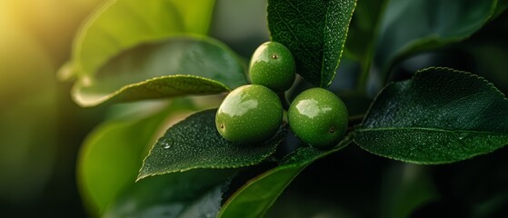 Poster -  A tight shot of green leaves on a branch, adorned with water droplets, under a radiant backdrop of light