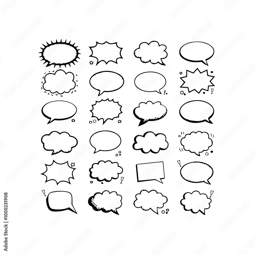 Nine hand drawn speech bubbles in white and black outline silhouette ...