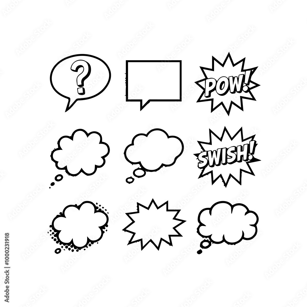 Nine hand drawn speech bubbles in white and black outline silhouette ...