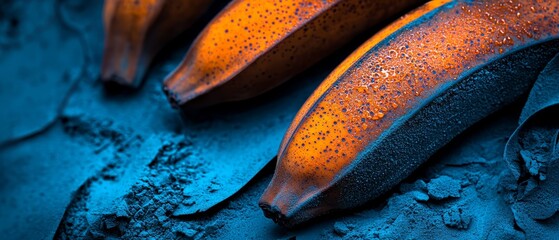 Canvas Print -  A collection of yellow bananas rests atop a blue-and-yellow tiled floor, speckled with water droplets Nearby, a mound of earth accum