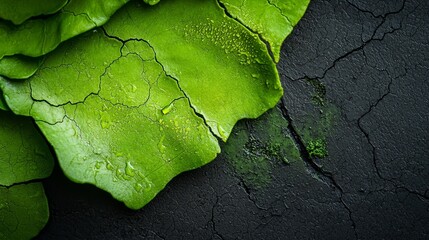 Sticker -  A tight shot of a green leaf against a black backdrop, adorned with water droplets and specks of dirt