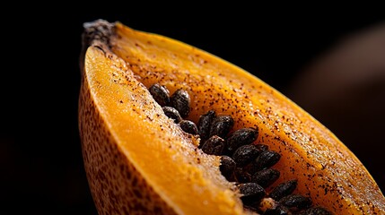 Poster -  A close-up of a banana half with seeds along its edge and black seeds visible