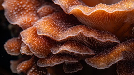 Canvas Print -  A tight shot of a cluster of mushrooms, adorned with beads of water atop and beneath their caps