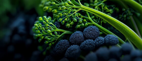 Poster -  A tight shot of broccoli florets with green stems and purple-black berries atop