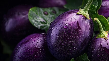 Poster -  A collection of purple eggplants, each adorned with green leaves and bearing small droplets of water atop