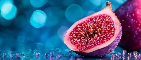 Canvas Print -  A tight shot of a ripe pomegranate against a blue backdrop, subtly lit bokeh in the rear