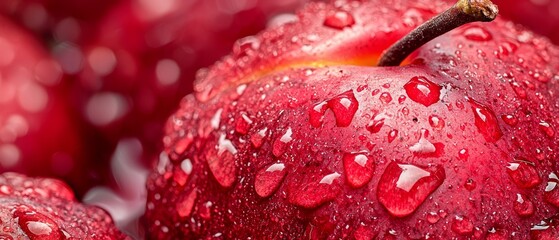 Poster -  A tight shot of a red apple with water droplets on its surface and within