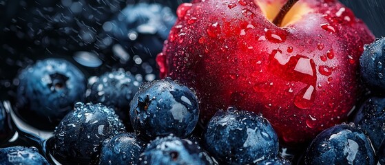 Sticker -  A red apple, bite taken, surrounded by blueberries; foreground filled with them