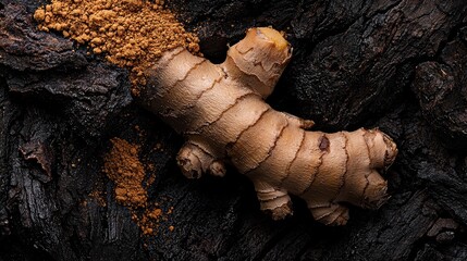 Canvas Print -  A tight shot of a tree trunk bearing a ginger slice atop and a brown goo in its center