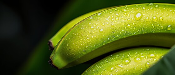 Wall Mural -  A tight shot of several bananas with water beads on their surfaces and a verdant leaf in the backdrop