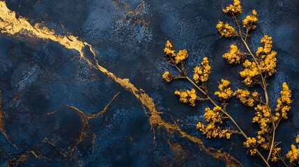 Sticker -  A yellow flower arrangement sits atop a blue-and-yellow table, near a yellow-and-black wall