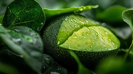 Poster -  A close-up of a cucumber with water droplets on its leaves