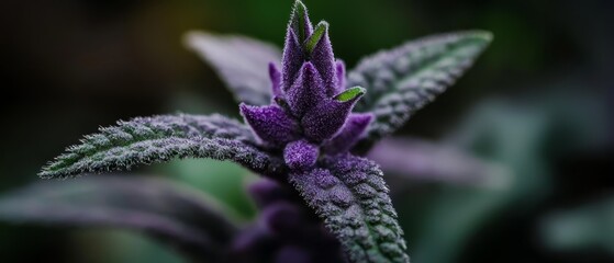 Wall Mural -  A tight shot of a purple bloom, featuring a distinct green leaf at its center, surrounded by an indistinct, blurred background