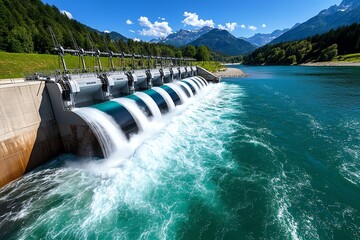 Poster - River flowing through a hydroelectric dam, with the water generating power as it moves, showcasing the connection between natural resources and renewable energy