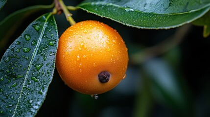 Wall Mural -  A tight shot of an orange on a branch, adorned with water-speckled leaves The fruit remains unpicked