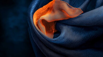 Sticker -  A blue fabric, focus on texture, features an orange fabric piece in its center against a black backdrop