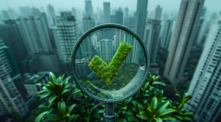 Wall Mural - A green check mark is placed on a magnifying glass, with a city in the background. Concept of importance and attention to detail, as the check mark is placed on a small object that is magnified