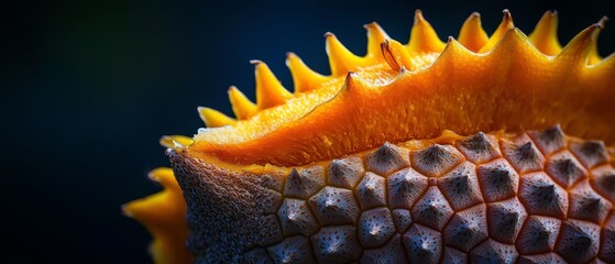 Sticker -  A tight shot of an orange flower with spiky protrusions at its rear end against a jet-black background