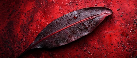 Poster -  A leaf closely detailed, red backdrop, drops of water, black feather atop