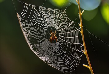 golden garden orb weaver spider web with dew drops