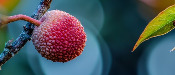 Poster -  A flower in focus on a tree branch against a backdrop of softly blurred leaves and a clear blue sky