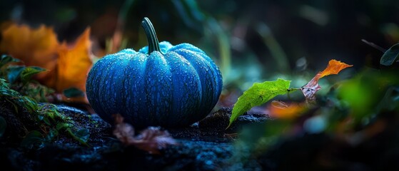 Sticker -  A blue pumpkin atop a heap of leaves, nestled beside a leafy tree branch