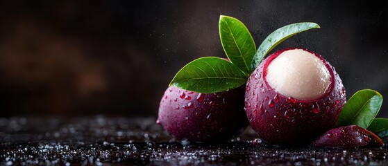 Poster -  A couple of fruits atop a table, their surfaces reflecting in drops of water on the black finish