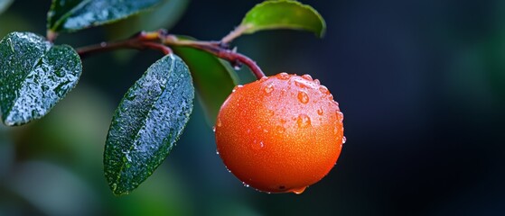 Sticker -  Close-up of an orange on a tree branch with water droplets on leaves and a blue sky behind