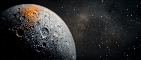  A tight shot of a moon's surface, adorned with liquid drops, against a black backdrop speckled with white dots