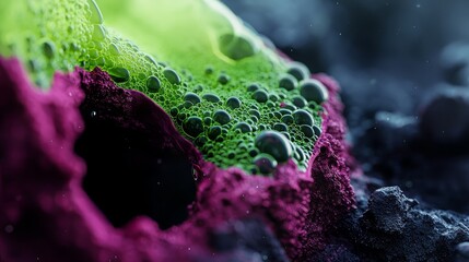 Sticker -  A tight shot of a multicolored substance - green, purple, and black - dotted with water droplets atop its surface and forming small pools alongside