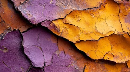 Sticker -  A tight shot of yellow, purple, and orange paint flaking from a weathered piece of wood, displaying peeling paint