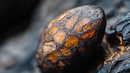 Wall Mural -  A tight shot of a rock displaying cracks and bearing yellow and black painted hues