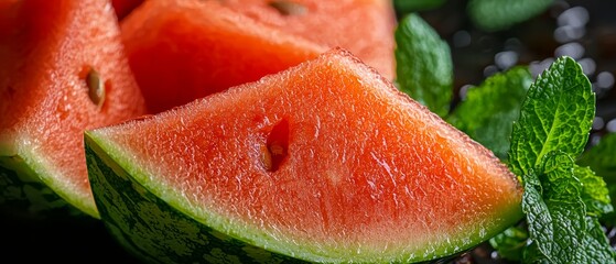 Poster -  Close-up of watermelon slices on a plate with mint garnishes nearby..Or, for a more descriptive version:..A detailed shot of