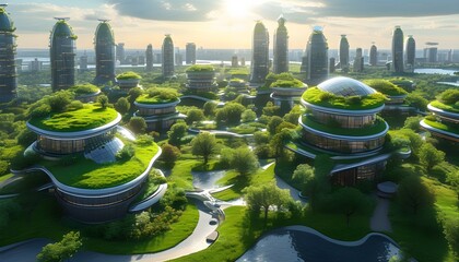 Wall Mural - Sustainable Futuristic Cityscape with Green Rooftops and Renewable Energy Under a Bright Sunny Sky