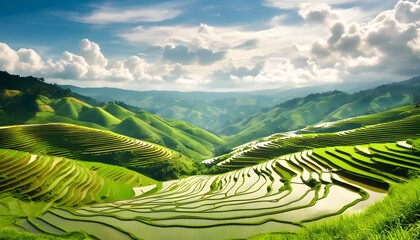 Wall Mural - Majestic rice terraces cascading through lush hills beneath a stunning sky