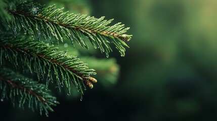 Poster -  A tight shot of a pine branch, adorned with water droplets on its needles, against a softly blurred backdrop