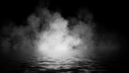 Wall Mural - Mystery coastal fog . Smoke on the shore . Reflection in water. Texture overlays background. Stock illustration. Design element.